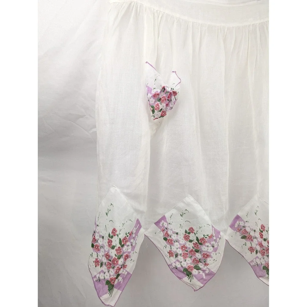 Vtg Handmade Sheer Floral Handkerchief Hem Half Apron Cottagecore Upcycled Fairy